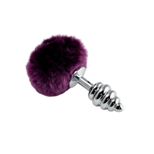 Анальная пробка металлическая, ребристая с фиолетовым хвостиком Bunny Tail Plug
