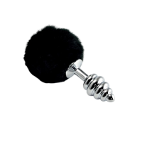 Анальная пробка металлическая, ребристая с чёрным хвостиком Bunny Tail Plug