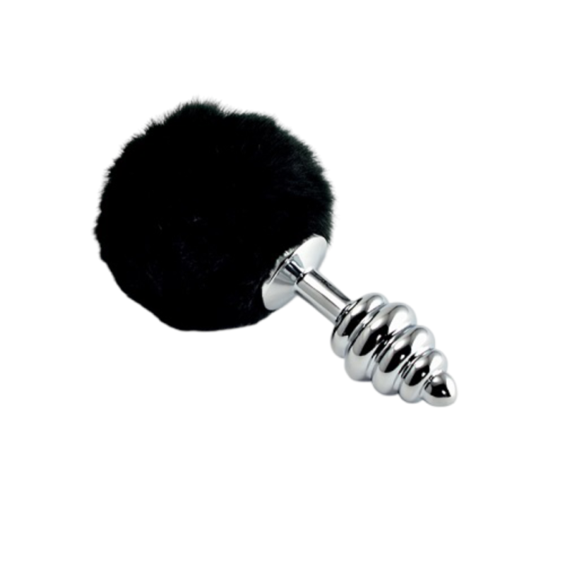 Анальная пробка металлическая, ребристая с чёрным хвостиком Bunny Tail Plug