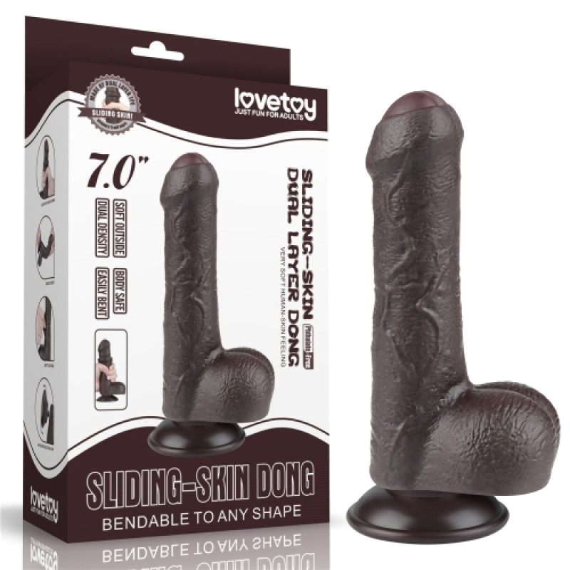 Фаллоимитатор на присоске с мошонкой коричневый Sliding Skin Dual Layer Dong 18 см