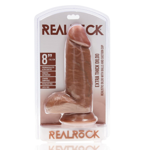 Фаллоимитатор реалистичный с мошонкой на присоске мулат RealRock Extra Thick Straight 20,3 см