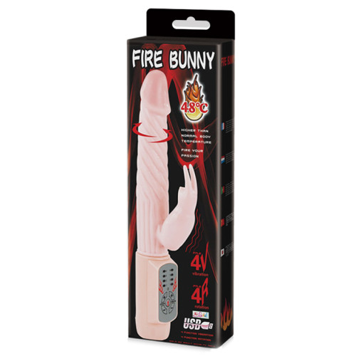Вибратор с функцией нагрева, ротации и клиторальным отростком Fire Bunny Baile 22 см
