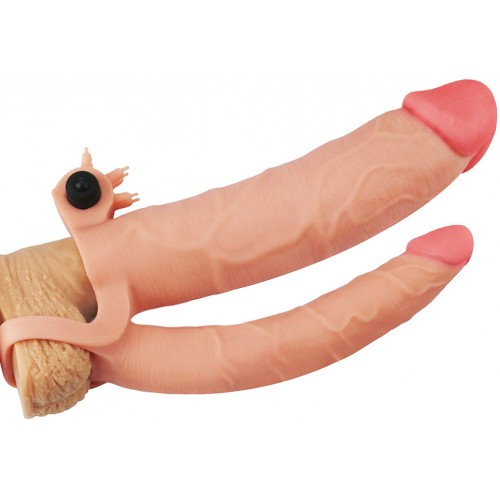 Удлиняющая вибронасадка для двойного проникновения Pleasure X Tender Vibrating Double Penis Sleeve + 8 см