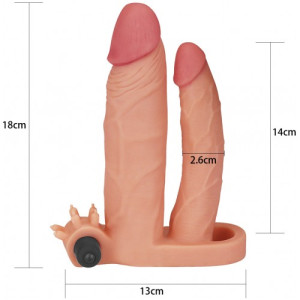 Удлиняющая вибронасадка для двойного проникновения Pleasure X Tender Vibrating Double Penis Sleeve + 3 см (иной угол)