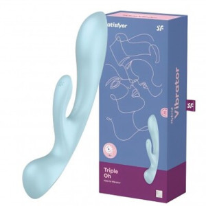 Двусторонний вибратор с клиторальным стимулятором Triple Oh Blue Satisfyer