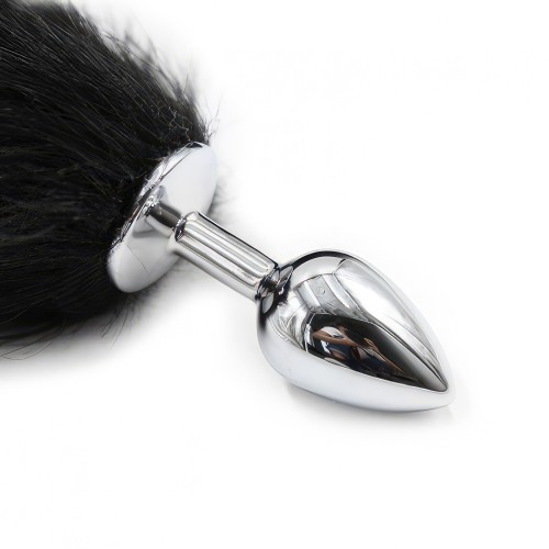 Металлическая анальная пробка S c черно-белым хвостиком 44 см