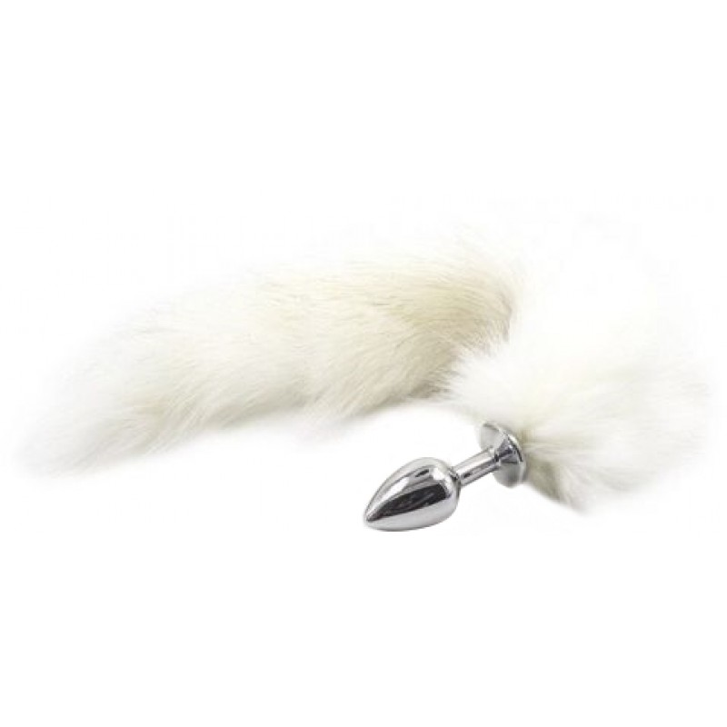 Металлическая анальная пробка с белым хвостиком 
