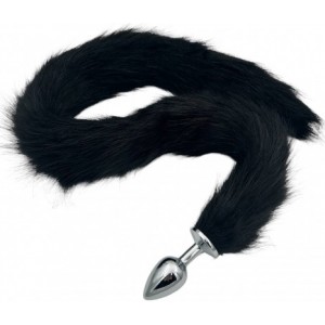 Металлическая анальная пробка S с длинным черным хвостиком 75 см (иной угол)