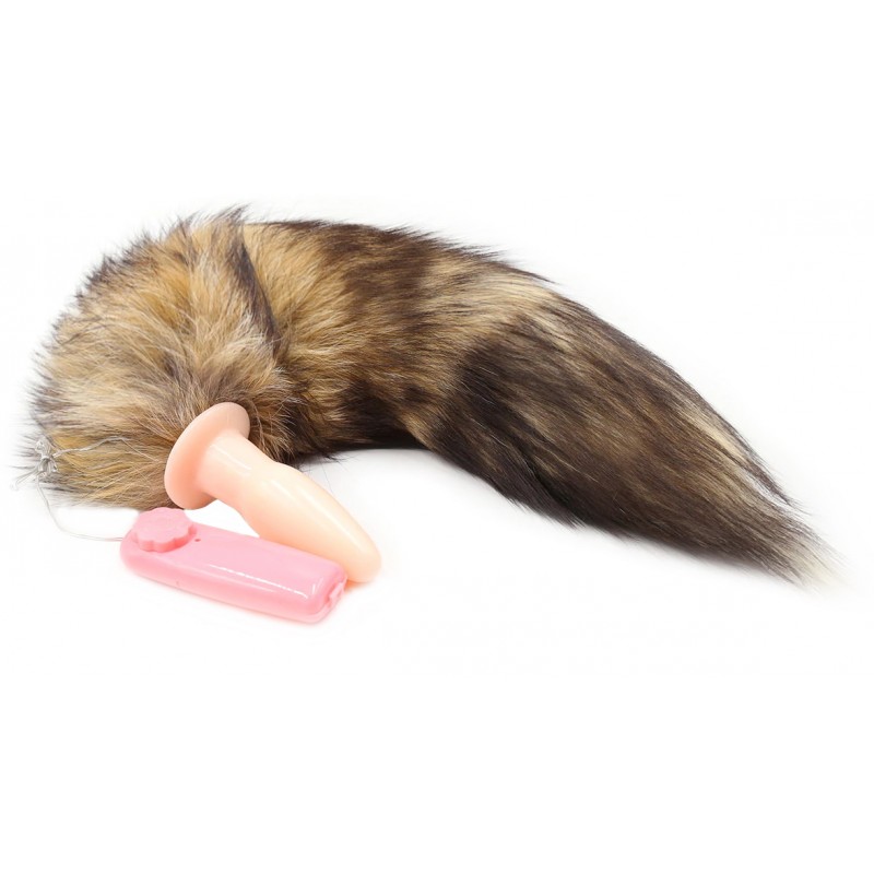 Анальная пробка с вибрацией и длинным бурым хвостиком 47 см