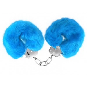 Металлические наручники с мехом голубые (иной угол)