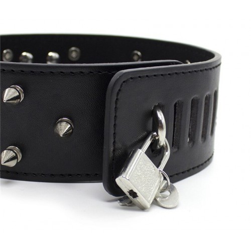 Черный ошейник с шипами на поводке