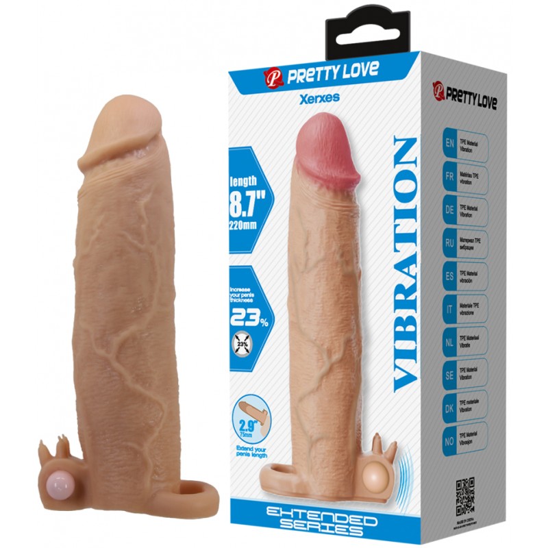 Увеличивающая вибронасадка с клиторальным стимулятором и петлей под мошонку телесная Xerxes + 7,5 см