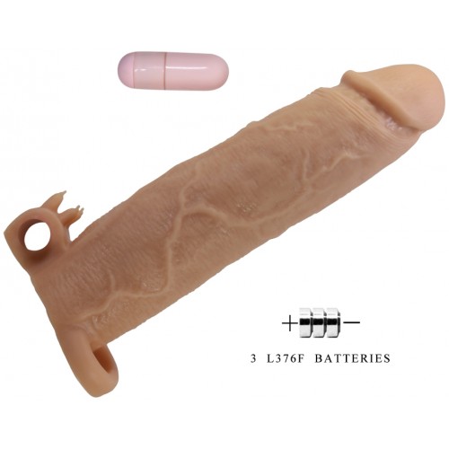 Увеличивающая вибронасадка с клиторальным стимулятором и петлей под мошонку телесная Xerxes + 7,5 см