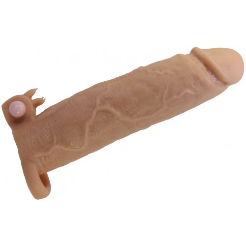 Увеличивающая вибронасадка с клиторальным стимулятором и петлей под мошонку телесная Xerxes + 7,5 см