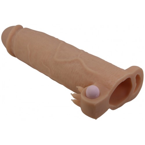 Увеличивающая вибронасадка с клиторальным стимулятором и петлей под мошонку телесная Xerxes + 7,5 см