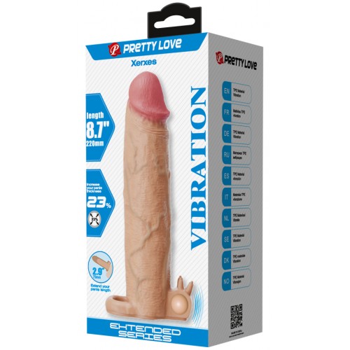 Увеличивающая вибронасадка с клиторальным стимулятором и петлей под мошонку телесная Xerxes + 7,5 см