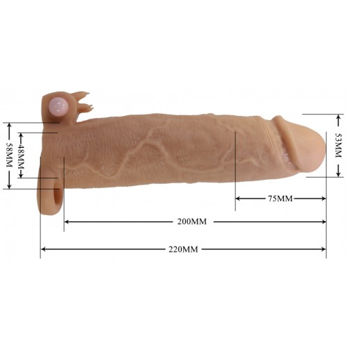 Увеличивающая вибронасадка с клиторальным стимулятором и петлей под мошонку телесная Xerxes + 7,5 см