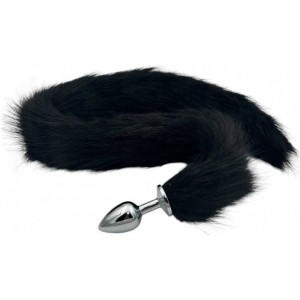 Металлическая анальная пробка M с длинным черным хвостиком 75 см (иной угол)