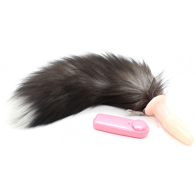 Анальная пробка с вибрацией и длинным черным хвостиком 47 см