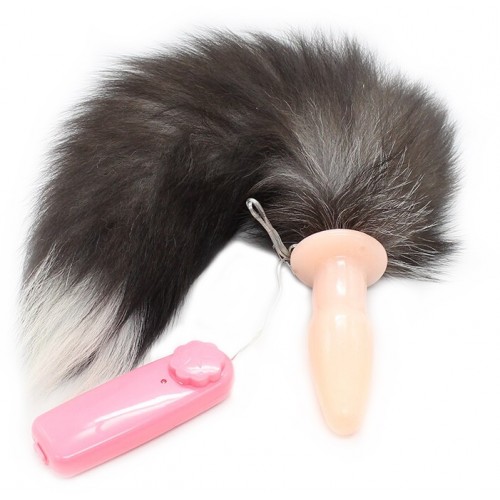 Анальная пробка с вибрацией и длинным черным хвостиком 47 см