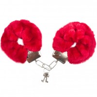 Красные металлические наручники с мехом 