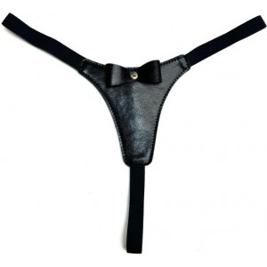 Сексуальные стринги черного цвета из экокожи декорированные бантиком