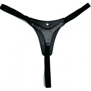 Сексуальные стринги черного цвета из экокожи декорированные бантиком (иной угол)