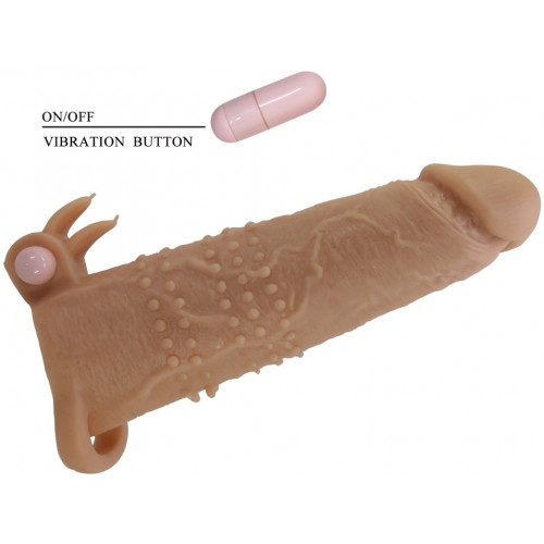 Увеличивающая вибронасадка с клиторальным стимулятором и петлей под мошонку телесная Quillon + 6 см