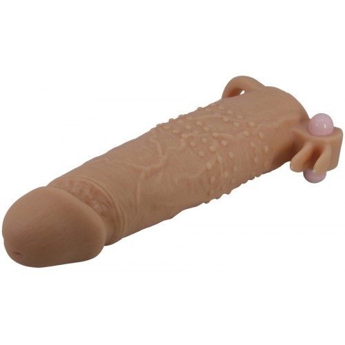 Увеличивающая вибронасадка с клиторальным стимулятором и петлей под мошонку телесная Quillon + 6 см