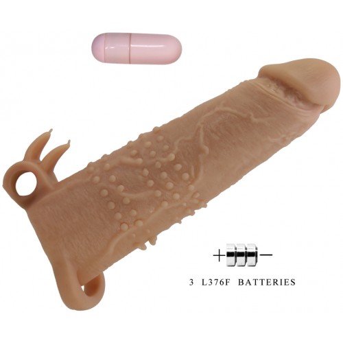 Увеличивающая вибронасадка с клиторальным стимулятором и петлей под мошонку телесная Quillon + 6 см