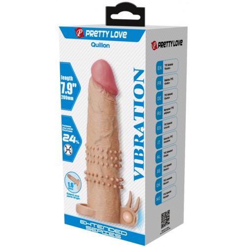 Увеличивающая вибронасадка с клиторальным стимулятором и петлей под мошонку телесная Quillon + 6 см