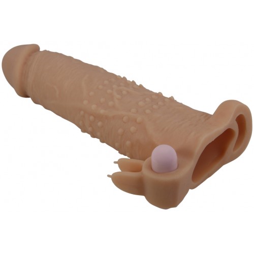 Увеличивающая вибронасадка с клиторальным стимулятором и петлей под мошонку телесная Quillon + 6 см