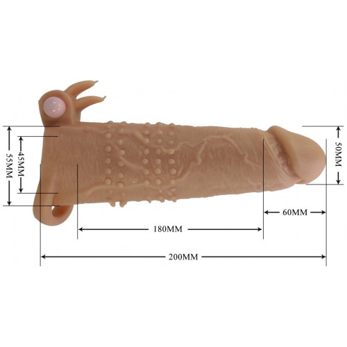 Увеличивающая вибронасадка с клиторальным стимулятором и петлей под мошонку телесная Quillon + 6 см