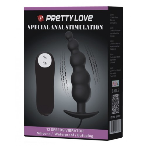 Анальная елочка черного цвета с проводным пультом и 12 режимами вибрации