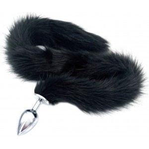 Металлическая анальная пробка L с длинным черным хвостиком 75 см (иной угол)