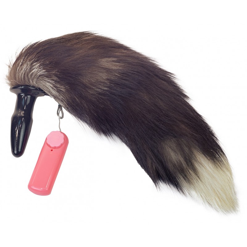 Черная анальная втулка с вибрацией и бурым хвостиком 45 см