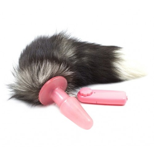 Анальная пробка розовая с длинным черным хвостом 47см