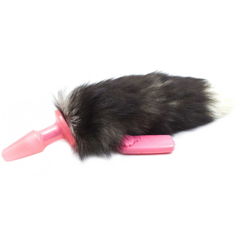 Анальная пробка розовая с длинным черным хвостом 47см