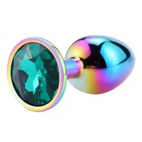 Разноцветная анальная пробка с зеленым камушком L