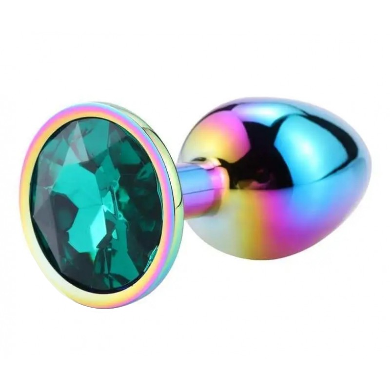 Разноцветная анальная пробка с зеленым камушком L