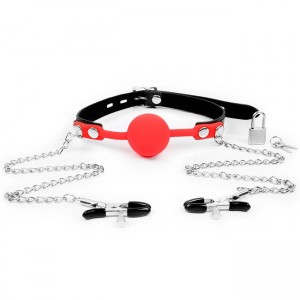 Силиконовый кляп красный и зажимы для сосков (иной угол)