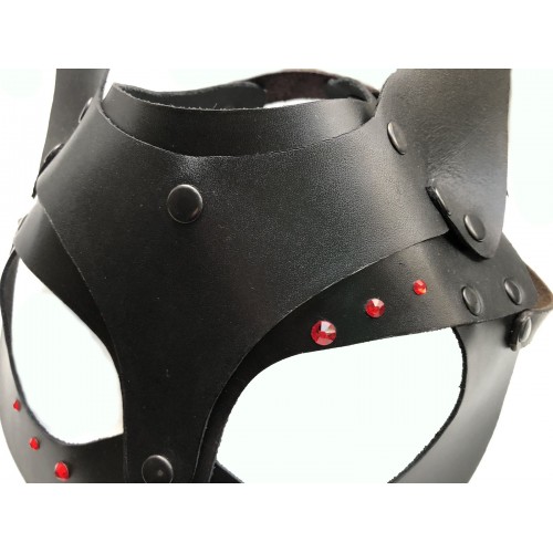 Кожаная чёрная маска со стразами и ушками Hand Made