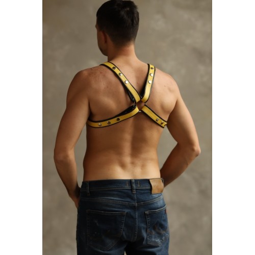 Мужская двусторонняя БДСМ сбруя Black-Yellow с кольцом и заклепками