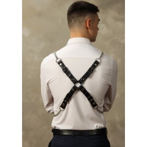 Брутальная крестообразная сбруя для мужчин с металлическими цепями (иной угол)