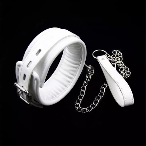 Ошейник из мягкой кожи с поводком white