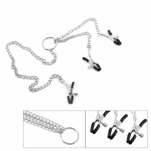 Комплект из 3-х зажимов БДСМ на соски и клитор соединённые цепочкой