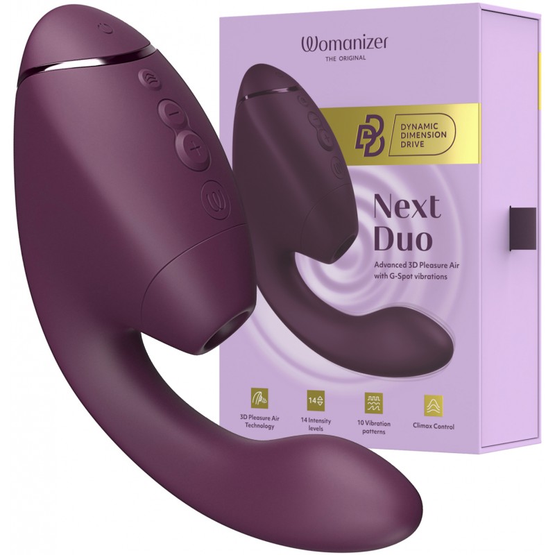 МЯГКАЯ ВАКУУМНАЯ УПАКОВКА Роскошный вакуумный вибростимулятор для G точки и клитора Womanizer Next Duo фиолетовый