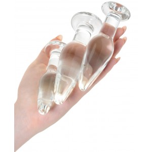 Набор анальных втулок Sexus Glass, стекло, прозрачный, 14/12,5/12 см, Ø 4/3,5/3 см (иной угол)
