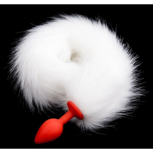 Красная анальная пробка с белым лисьим хвостиком 45 см