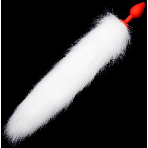 Красная анальная пробка с белым лисьим хвостиком 45 см